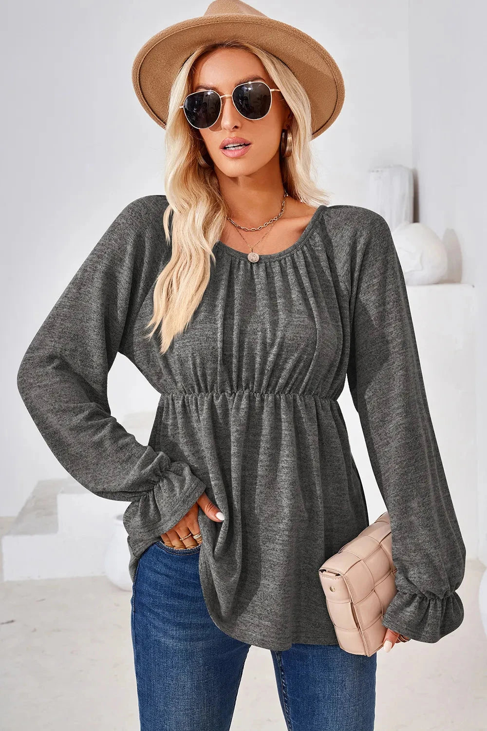 Ruched Round Neck Flounce Sleeve Blouse Coco’s Tee Boutique