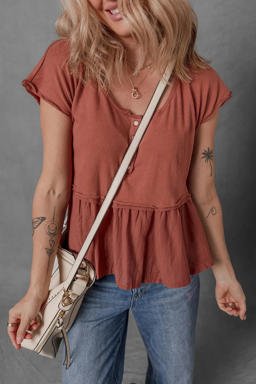 Short Sleeve U Neck Buttons Splicing Ruffle Blouse