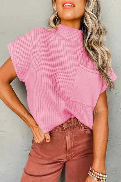 Cozy pink ribbed knit sweater with patch pocket and short sleeves