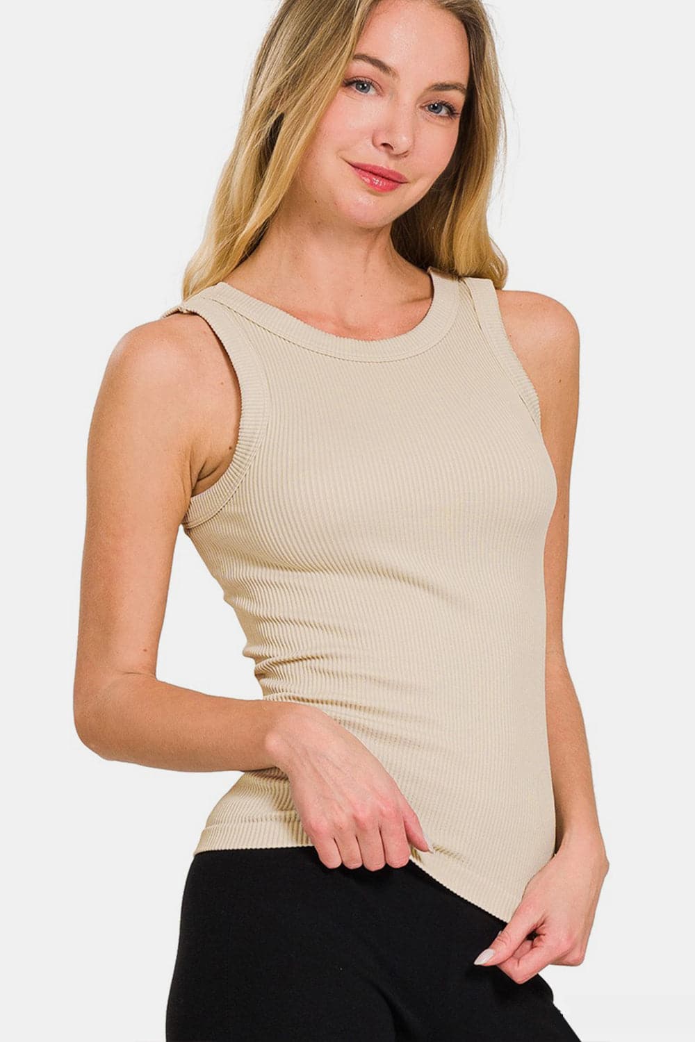 Zenana 2 Way Neckline Washed Ribbed Tank.