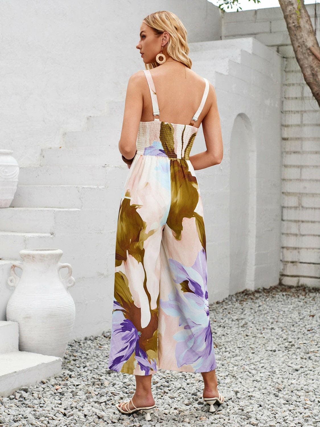 Cutout Printed Wide Strap Jumpsuit.