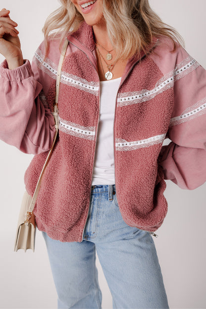 Cozy rose pink sherpa jacket with lace detailing and zip-up style