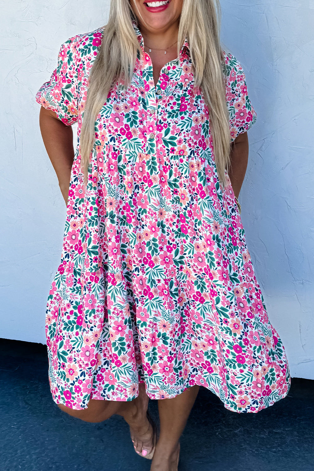 Plus Size Pink Floral Half Button Short Puff Sleeve A Line Dress Dear-Lover Dropshipping