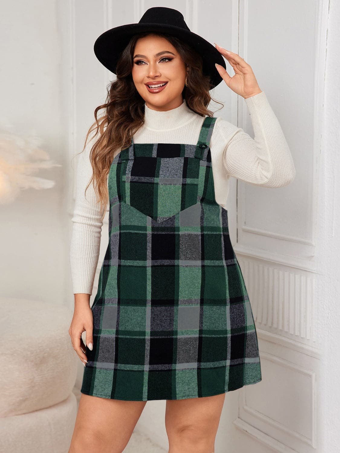 Plus Size Plaid Wide Strap Overall Dress.