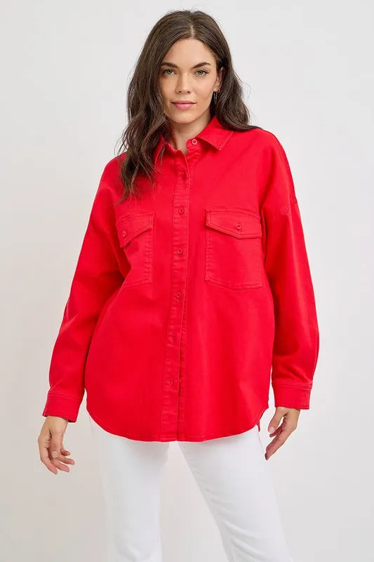 Risen Button Down Long Sleeve Denim Shacket with Chest Pockets - Love Salve 