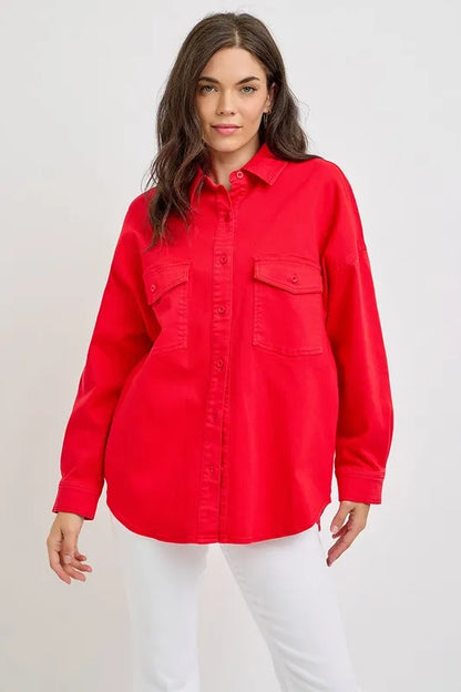 Risen Button Down Long Sleeve Denim Shacket with Chest Pockets - Love Salve 