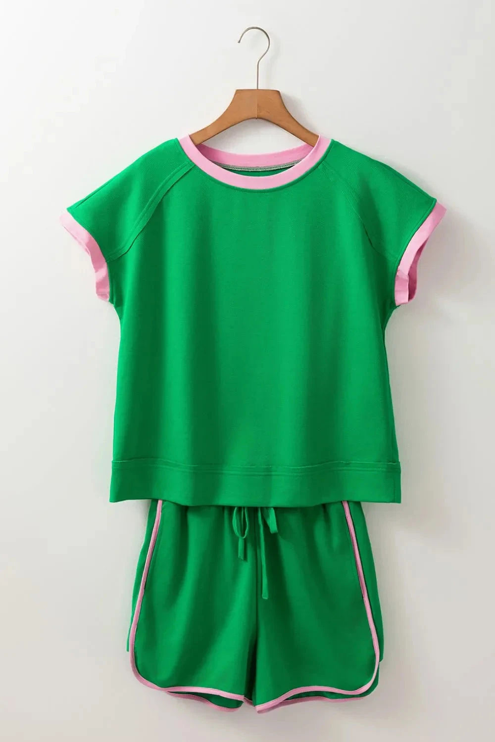 Two Tone Contrast Textured Crewneck Tee and Shorts Set Simply Love