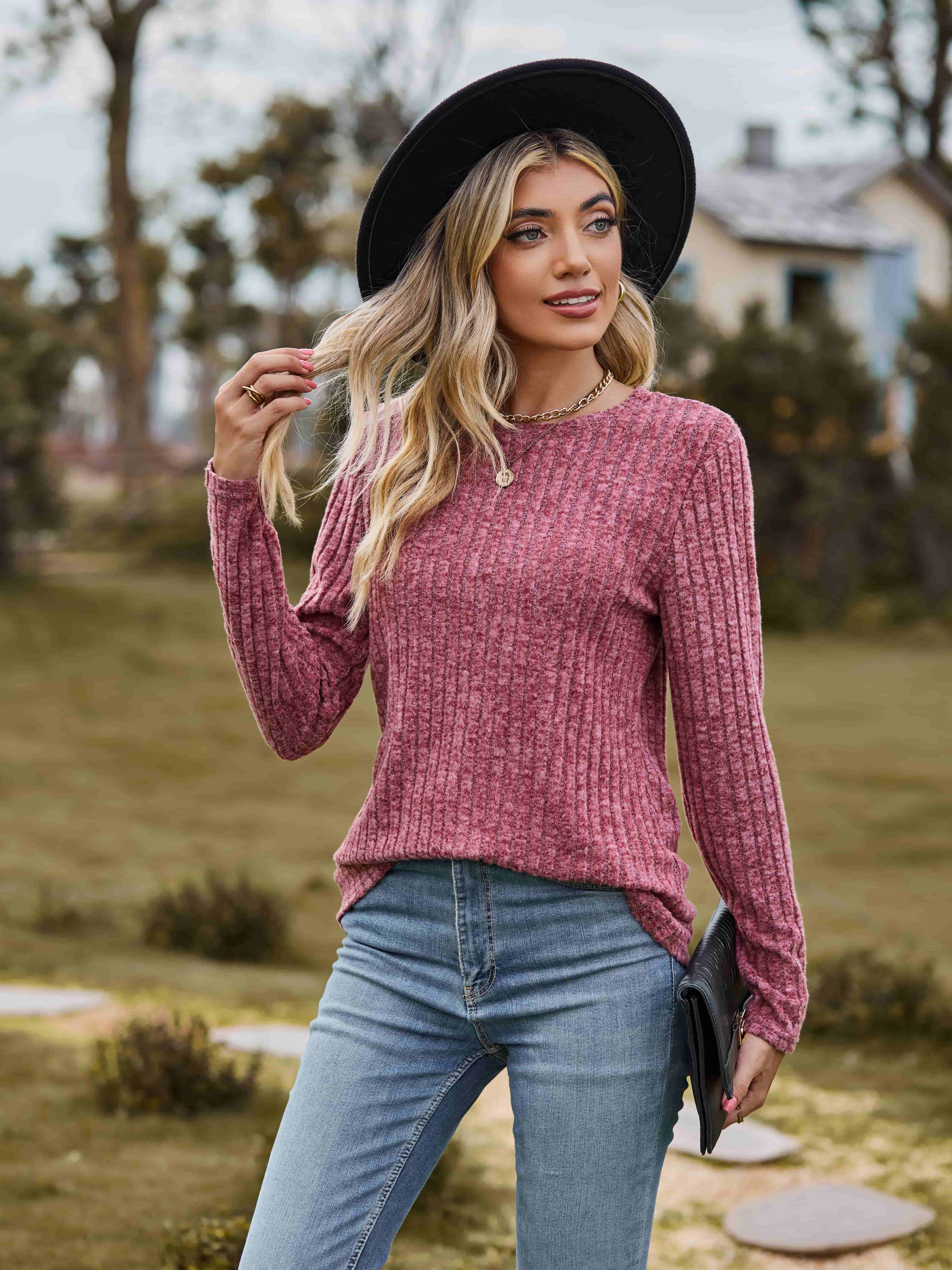 Ribbed Round Neck Long Sleeve Tee Coco’s Tee Boutique