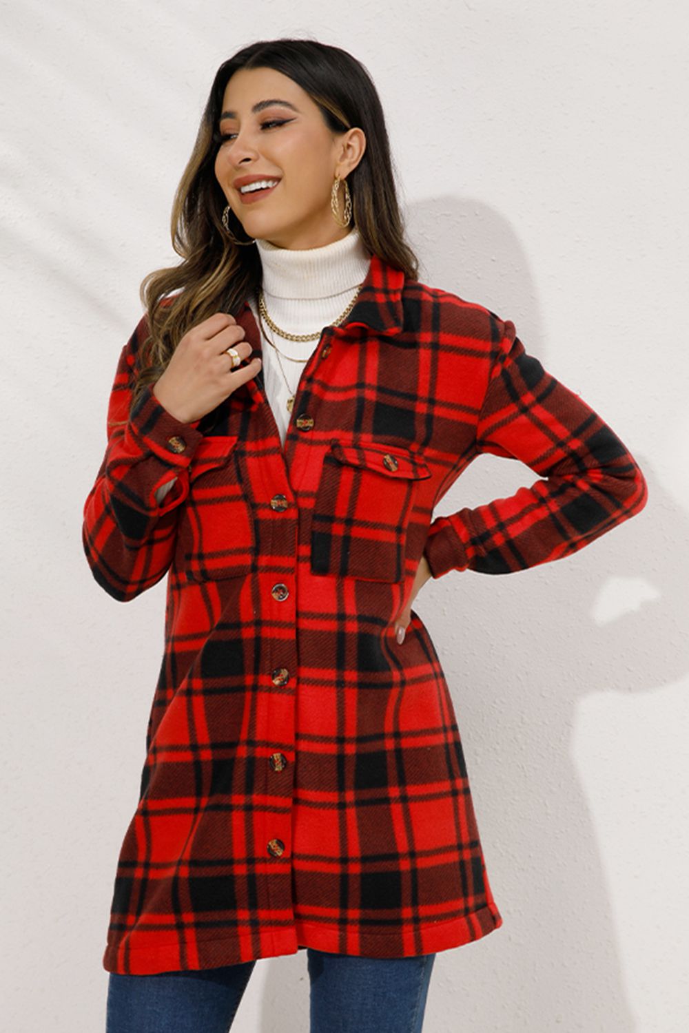 Shiny Plaid Collared Longline Coat Coco’s Tee Boutique