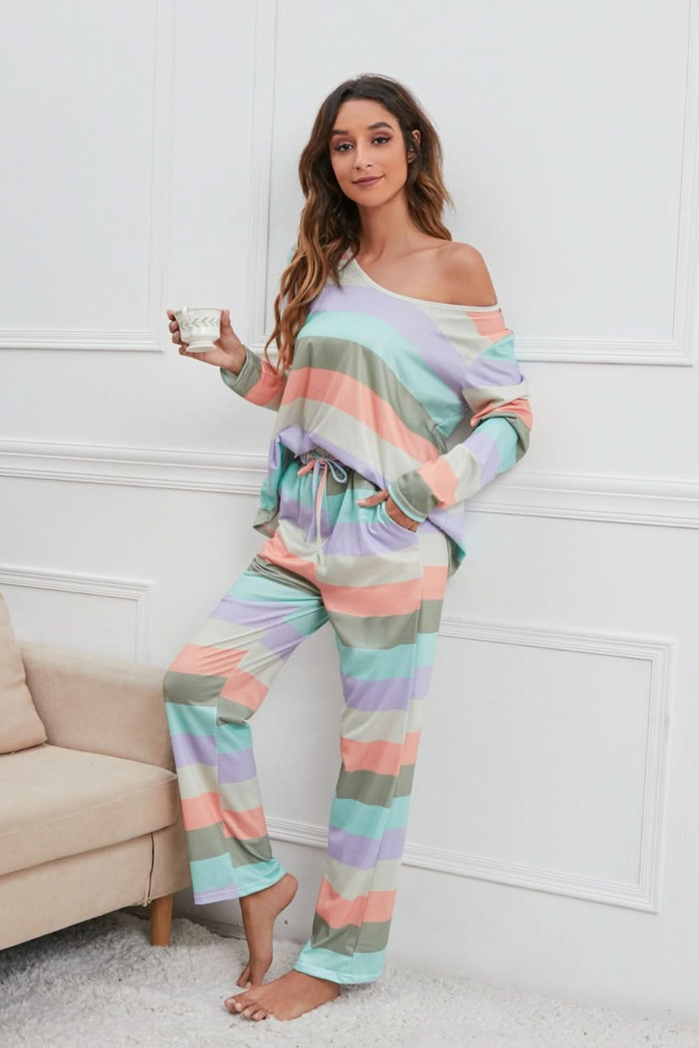 Striped Long Sleeve Lounge Set with Drawstring Pants and Round Neck Top