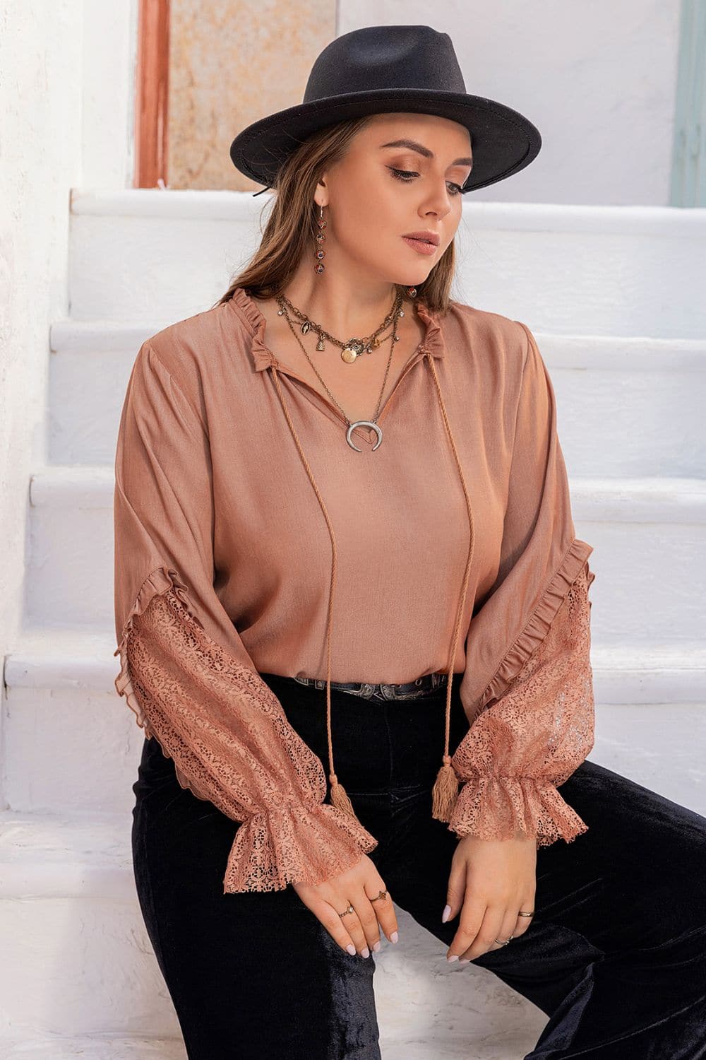 Plus Size Tie Neck Flounce Sleeve Blouse.