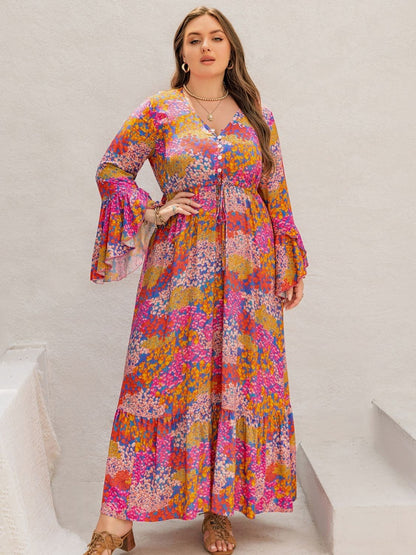 Plus Size Printed V-Neck Long Sleeve Maxi Dress.