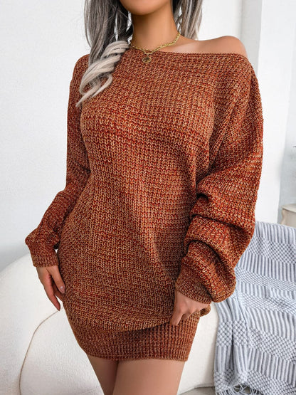 Heathered Boat Neck Lantern Sleeve Sweater Dress.