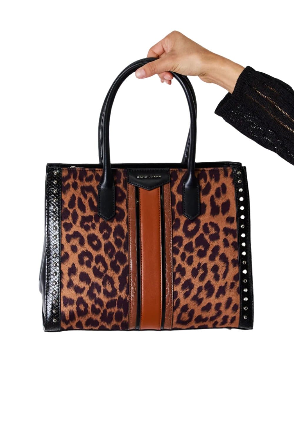 David Jones Leopard Contrast Rivet Handbag.