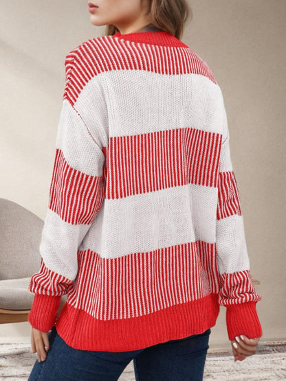 Chic striped long sleeve sweater with round neck