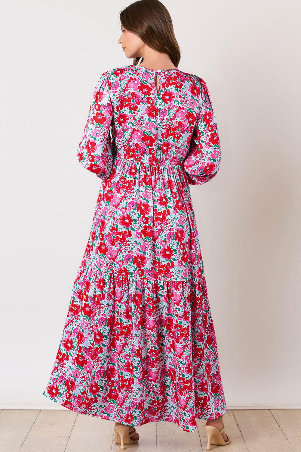 Sky Blue Floral Print Smocked Lantern Sleeve Tiered Maxi Dress