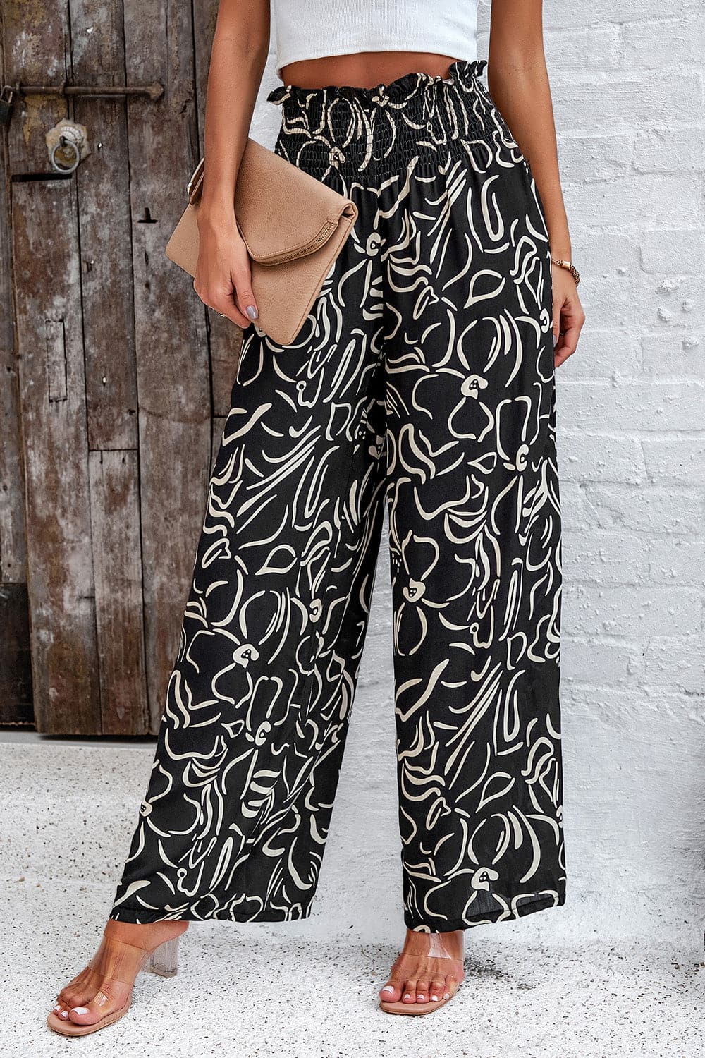 Smocked Printed Wide Leg Pants with Pockets.