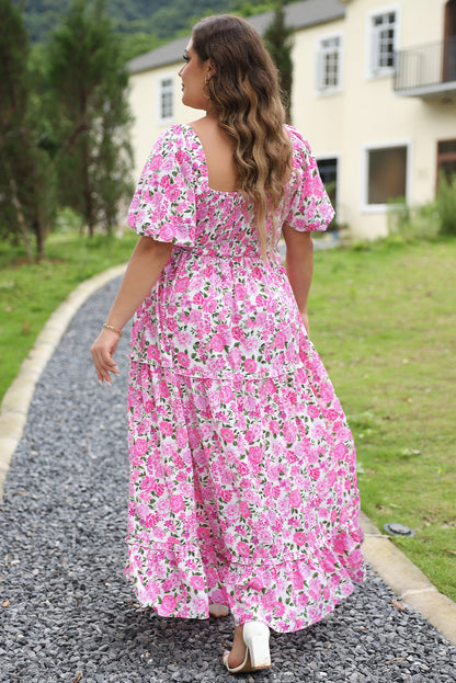 Chic pink floral plus size smocked maxi dress with puff sleeves