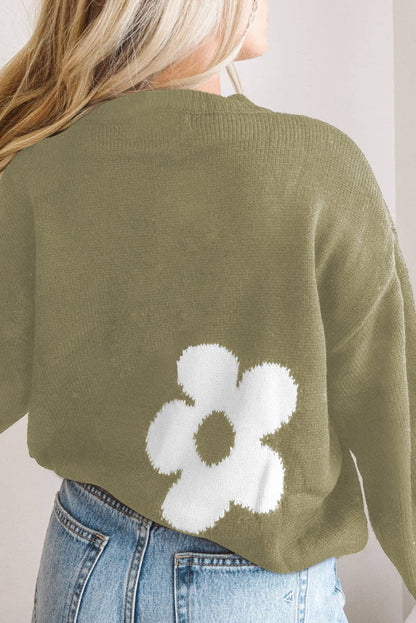 Round Neck Floral Pattern Color Contrast  Design Long Sleeve Sweater.