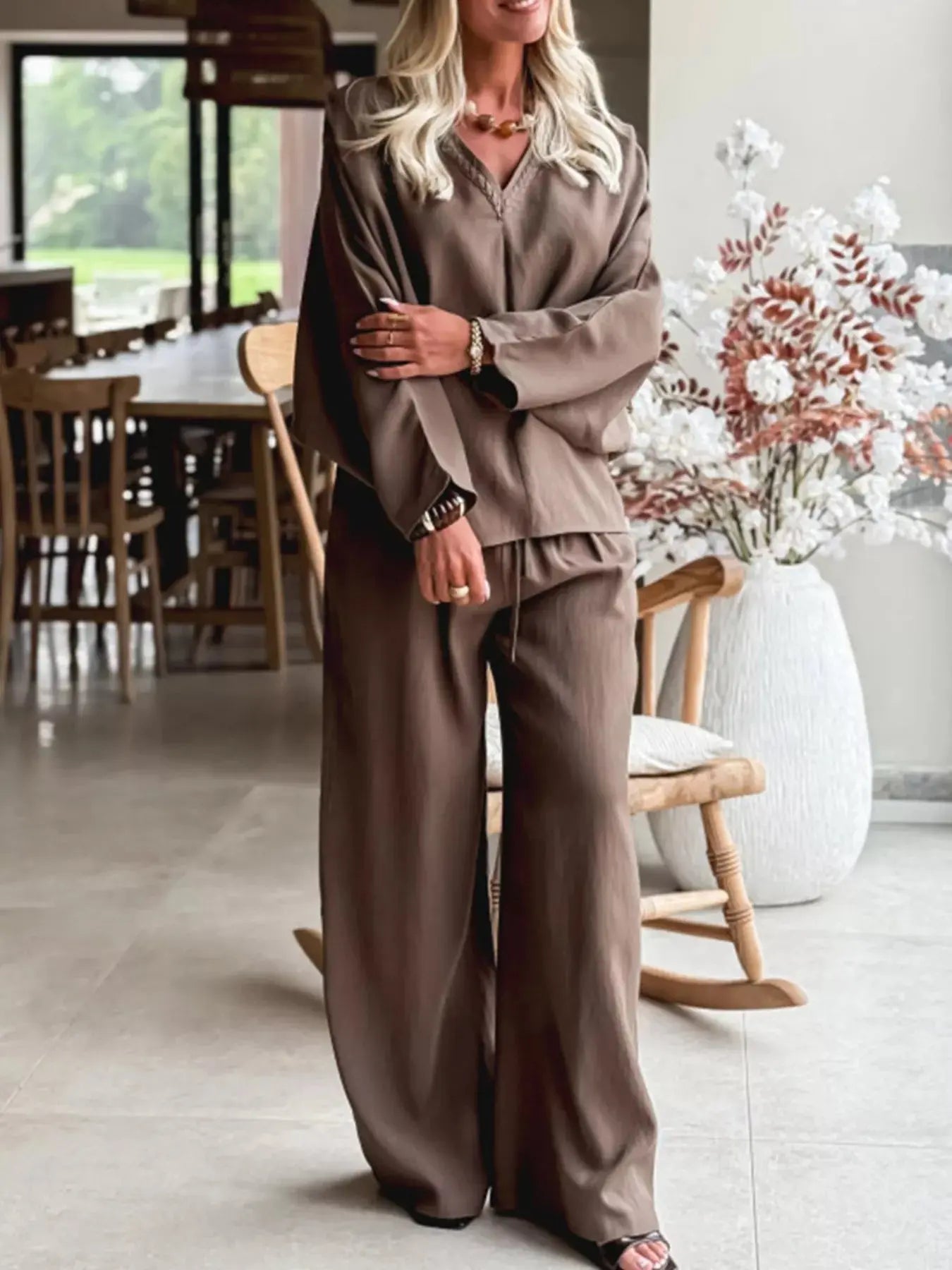 Braided V Neck Long Sleeve Loose Top and Drawstring High Waist Pants 2pcs Outfit Simply Love