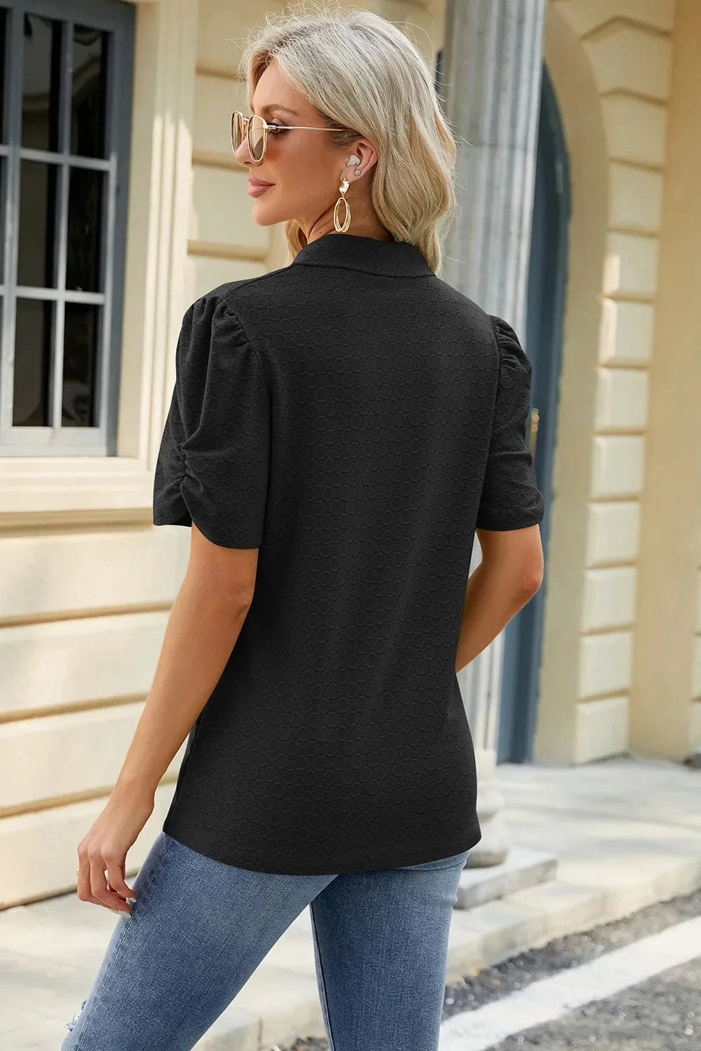 Eyelet Johnny Collar Puff Sleeve Blouse Coco’s Tee Boutique