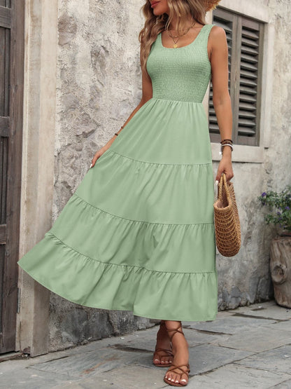 Smocked Scoop Neck Sleeveless Tank Dress.