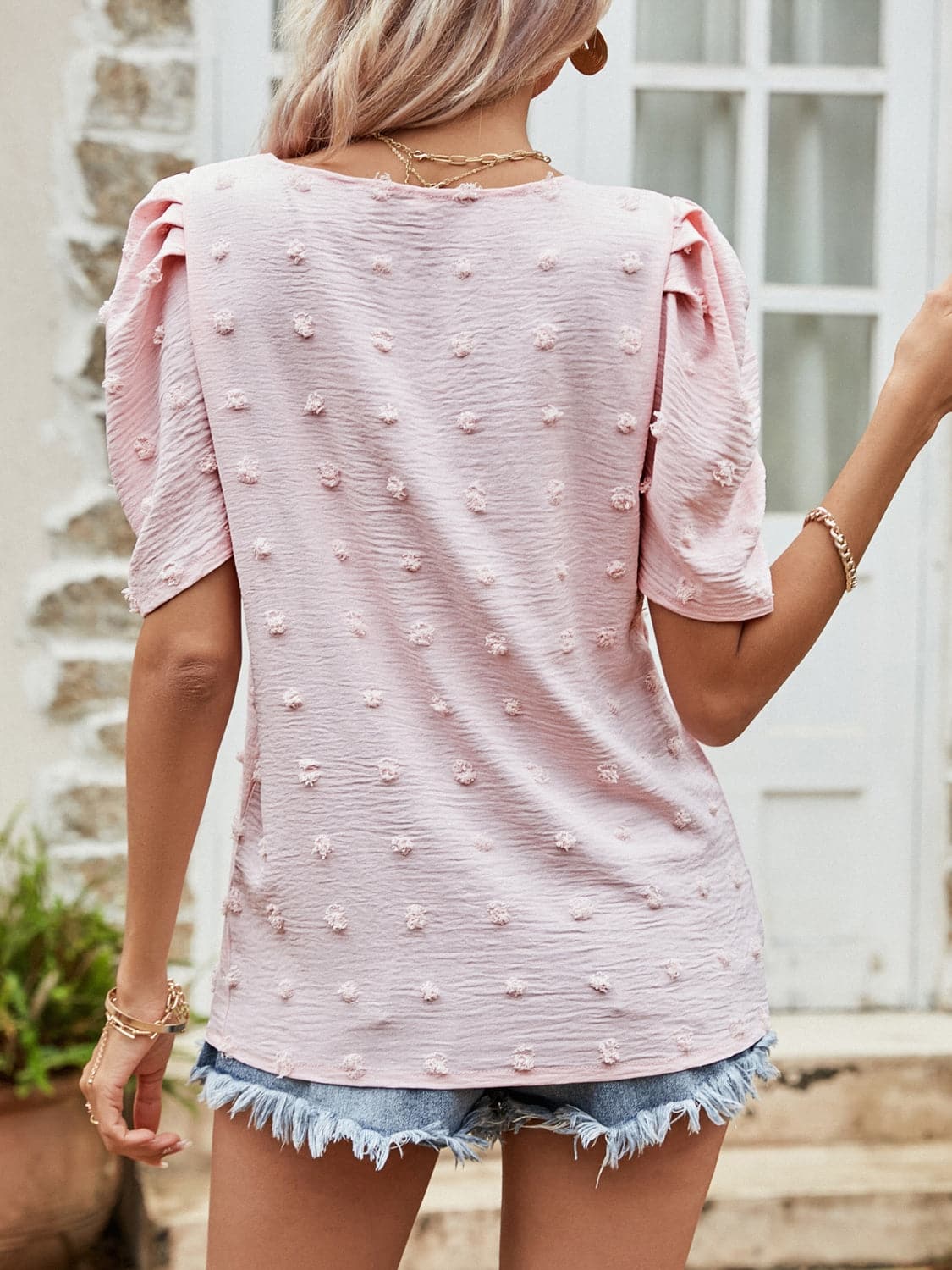 Swiss Dot Short Puff Sleeve Top.