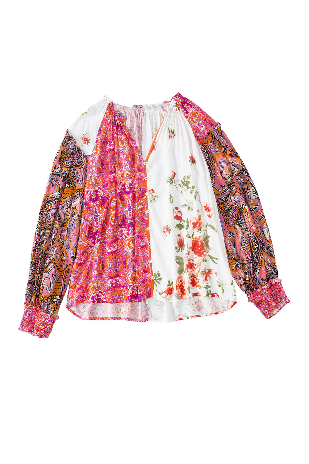 Floral charm: Pink patchwork blouse with shirred cuffs