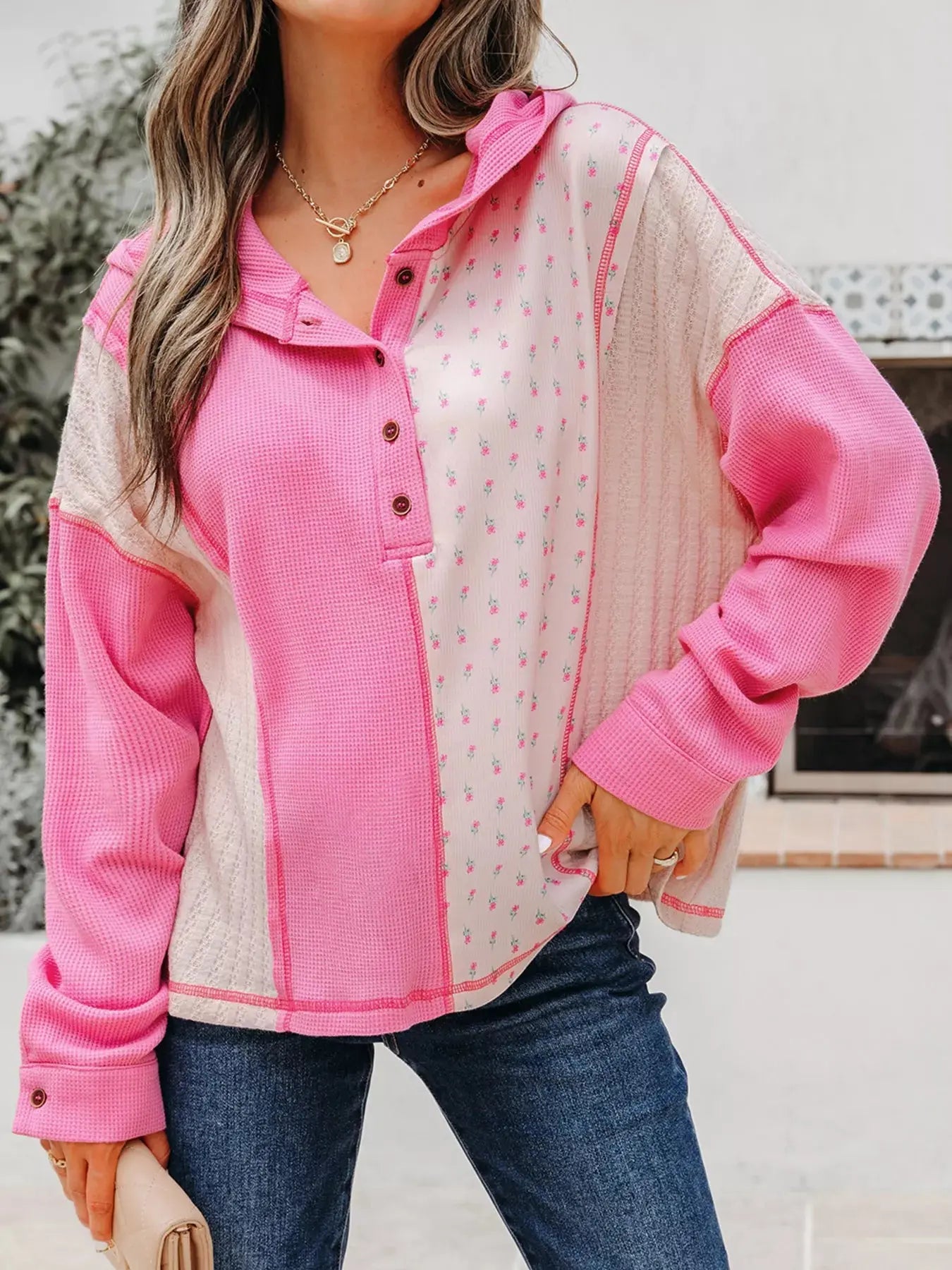 Mixed Texture Waffle Floral Patchwork Hooded Oversize Pullover Simply Love