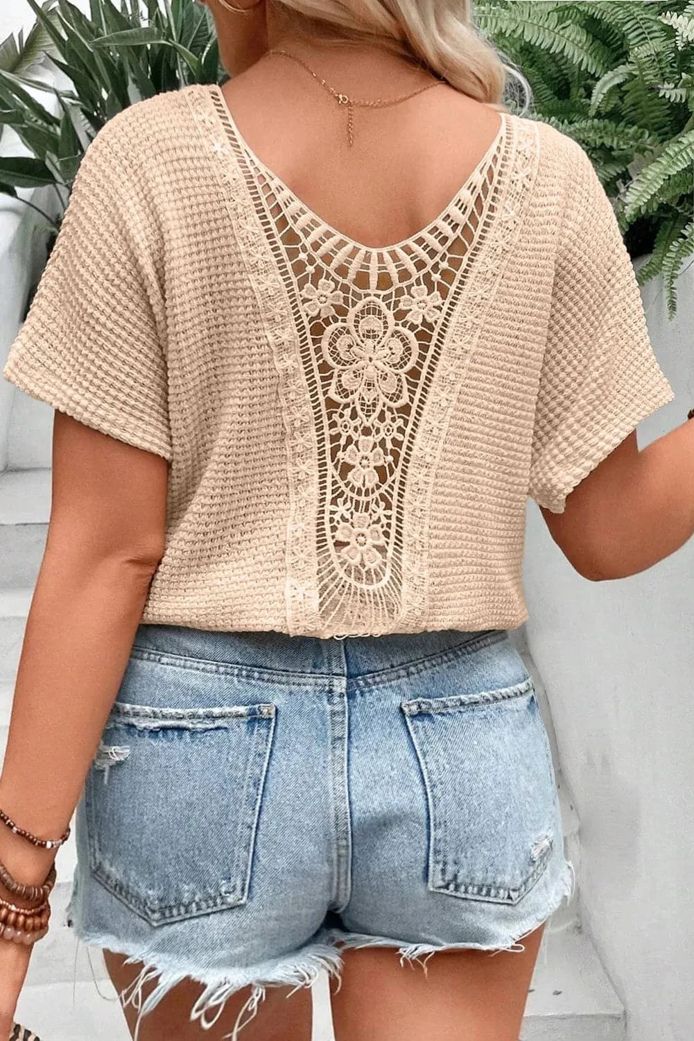 Plus Size Textured Lace Round Neck Short Sleeve T-Shirt.