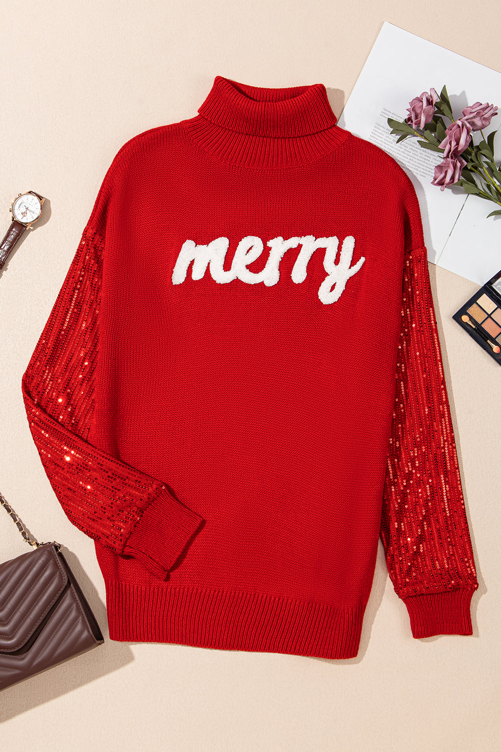 Festive Racing Red Sequin Sleeve Turtleneck Christmas Sweater