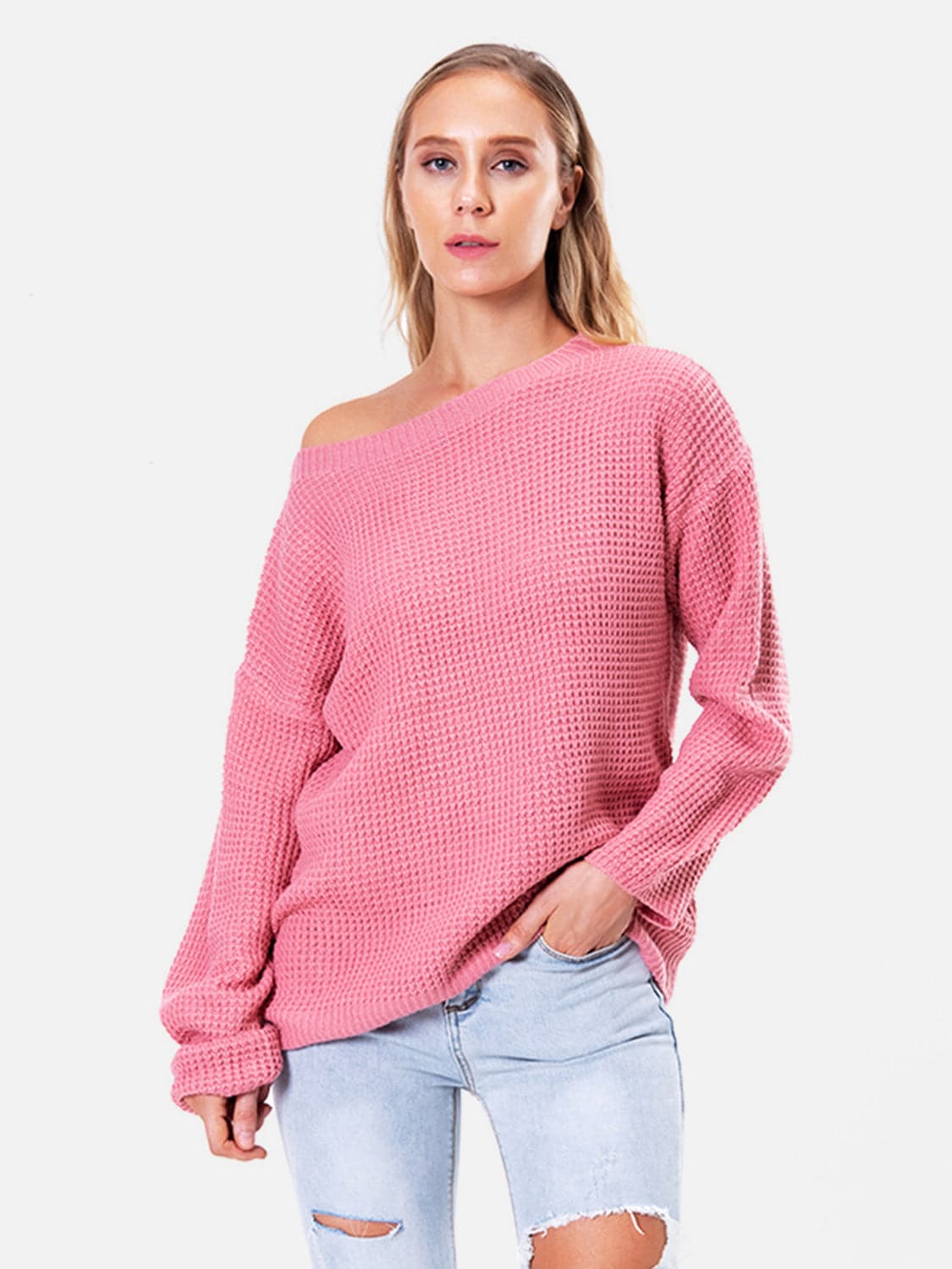 Boat Neck Drop Shoulder Long Sleeve Sweater.