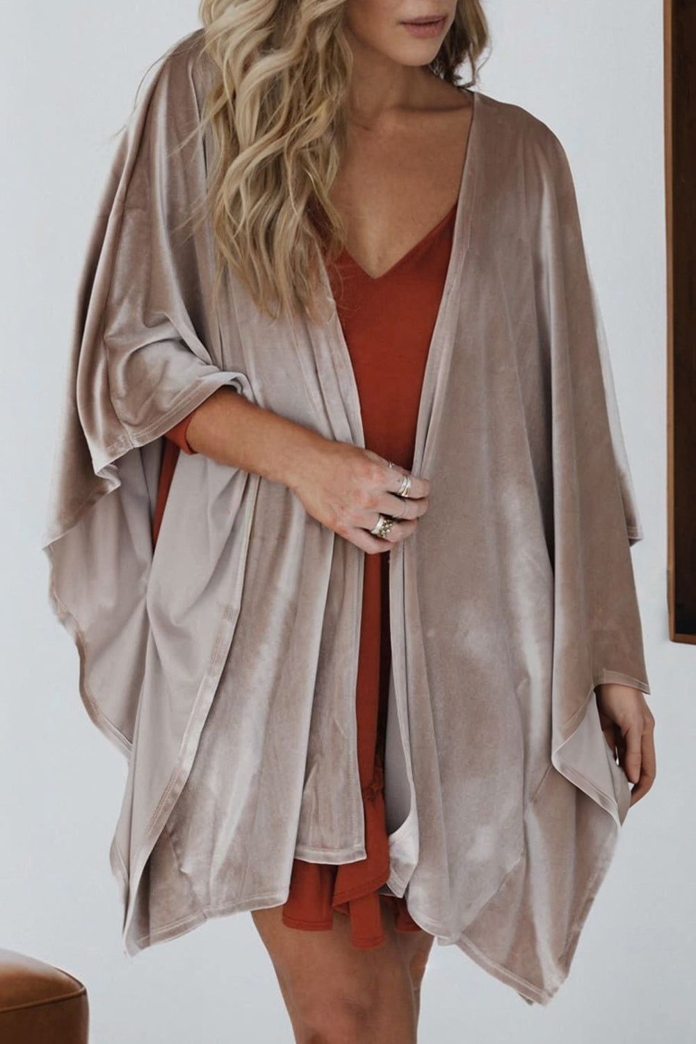 Smoke Gray Velvet Kimono Cardigan Open Front Three Quarter Sleeve Relaxed Fit Womens Lounge Wrap Dear-Lover Dropshipping