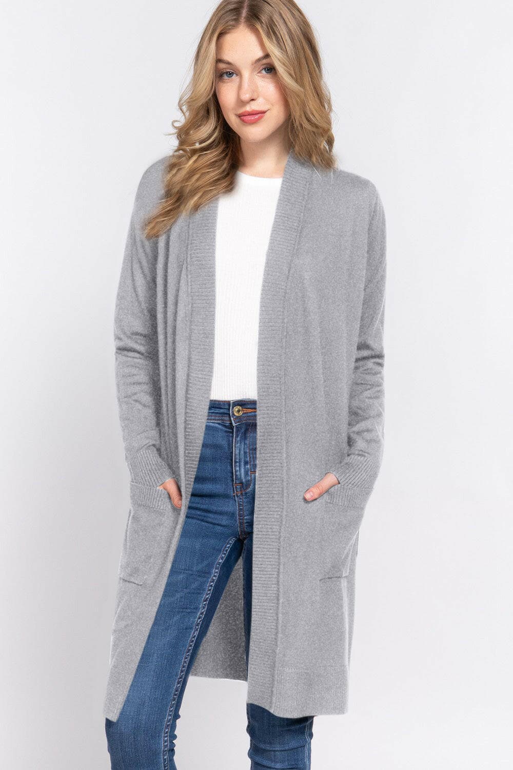 ACTIVE BASIC Open Front Rib Trim Long Sleeve Knit Cardigan.