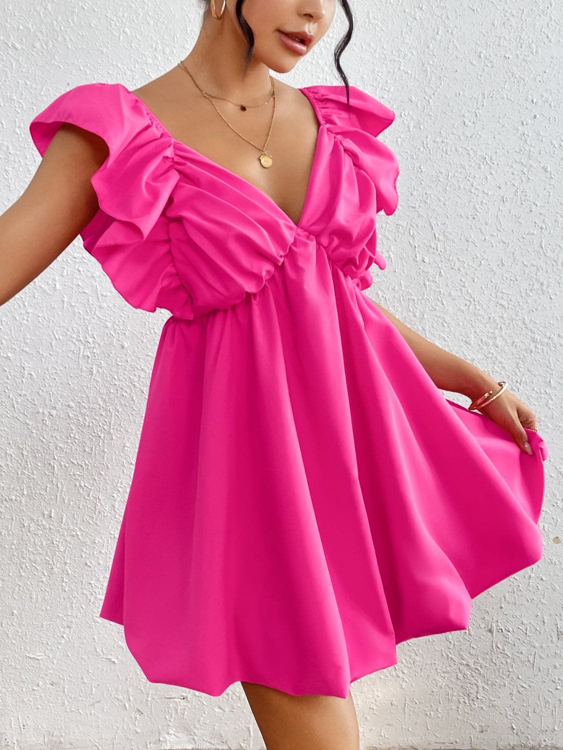 Ruffled V-Neck Cap Sleeve Mini Dress.