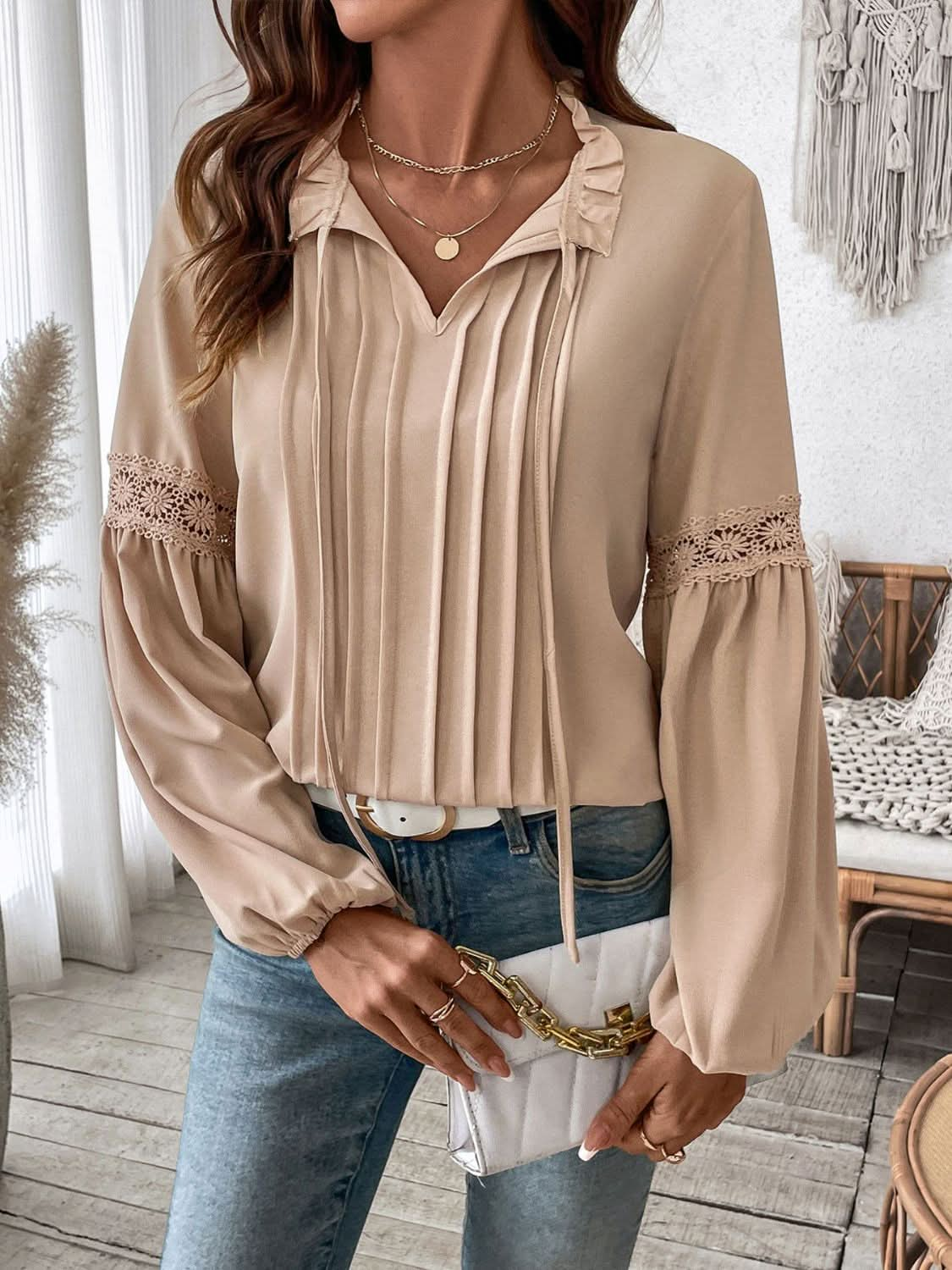 Chic tie neck long sleeve blouse with frill detailing