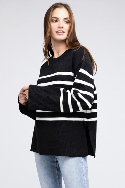 Ribbed hem striped sweater - cozy chic