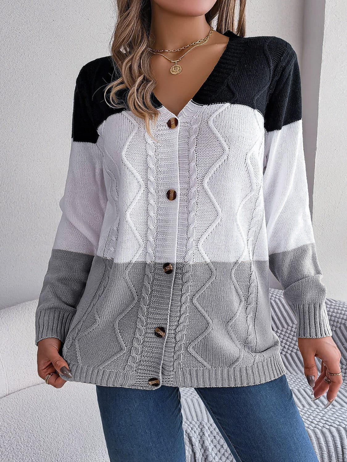 Cable-Knit Striped Button Up Cardigan.