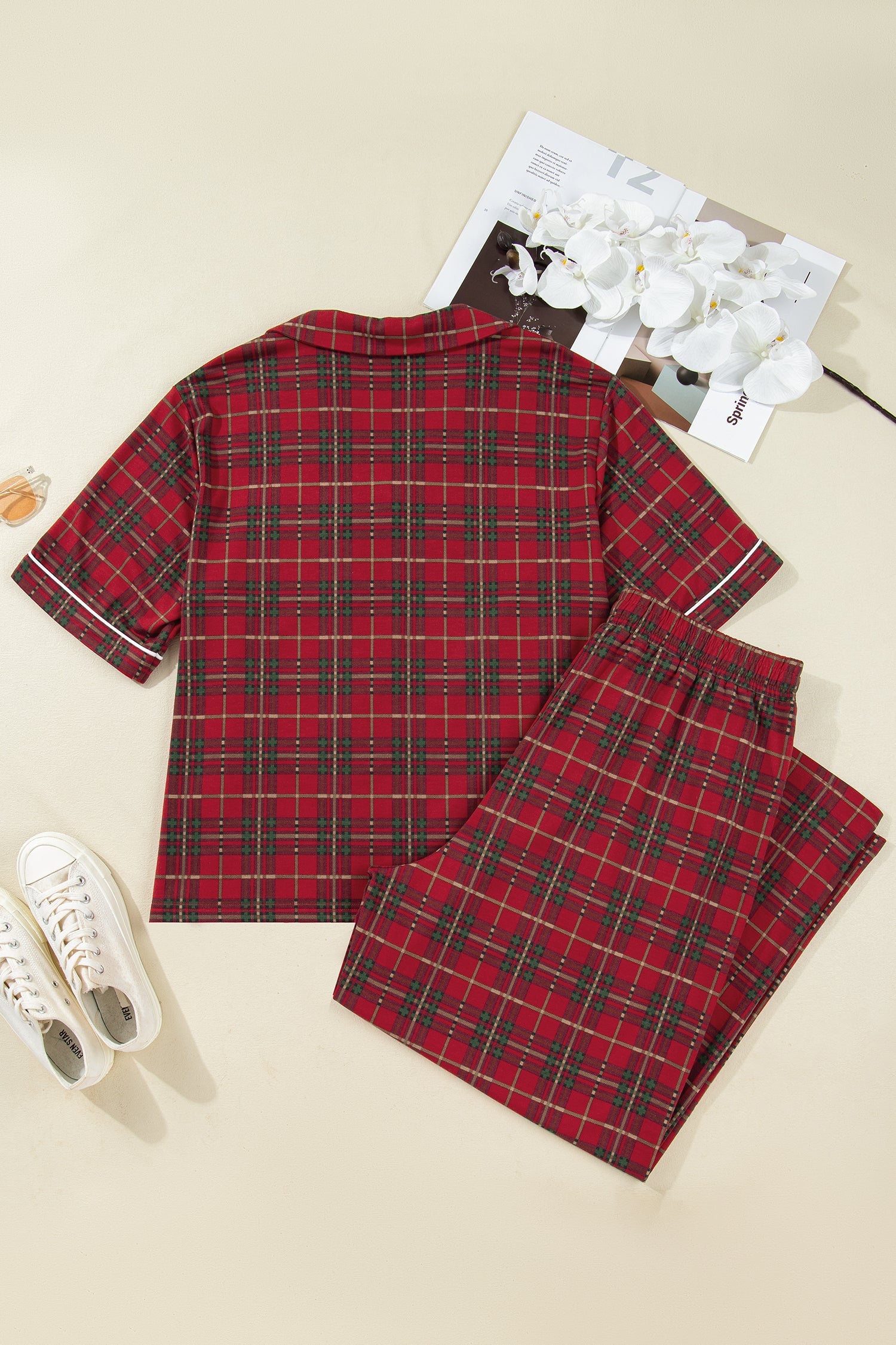 Red Plus Size Plaid Short Sleeve Shirt And Loose Pants Two Piece Pajama Set Cozy Sleepwear For Nighttime Comfort Dear-Lover Dropshipping