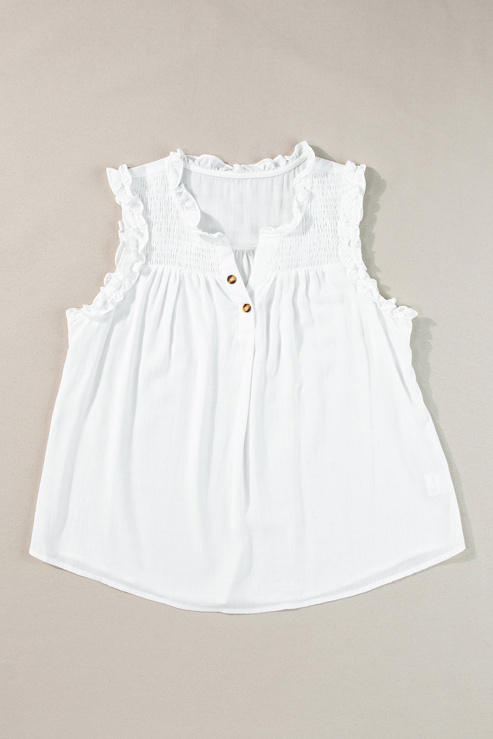 Chic white ruffled trim tank top with buttoned split neck