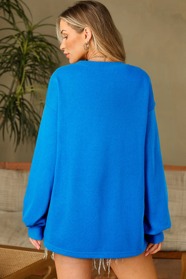 Sky Blue Solid Color Drop Shoulder Long Sleeve Basic Sweatshirt