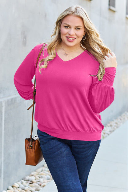 Basic Bae Full Size V-Neck Lantern Sleeve Top.