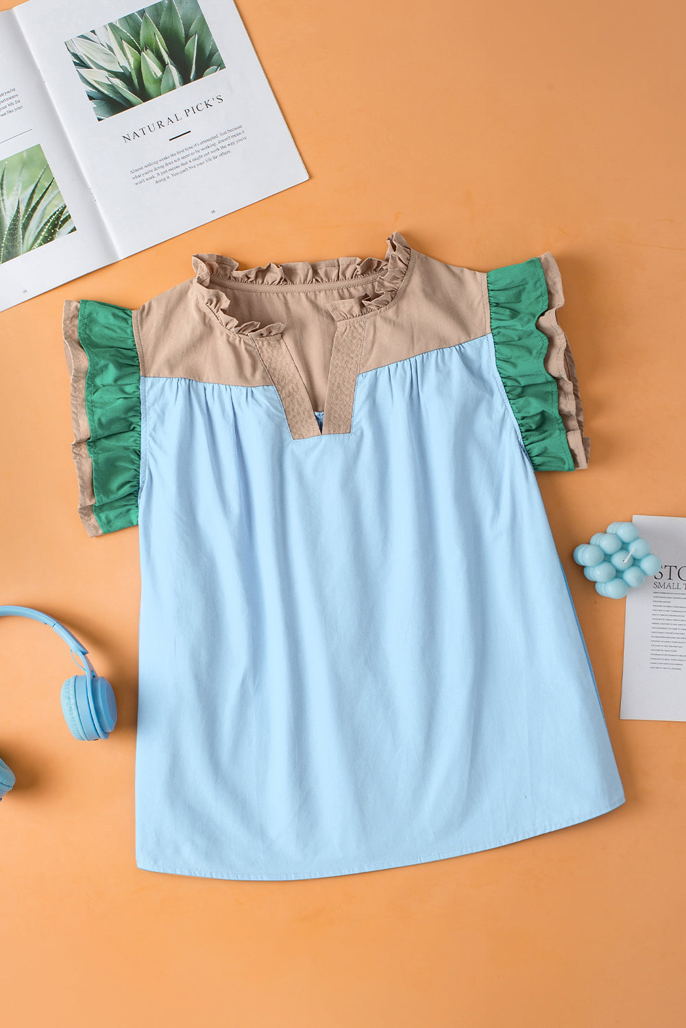 Mist blue ruffled frill blouse