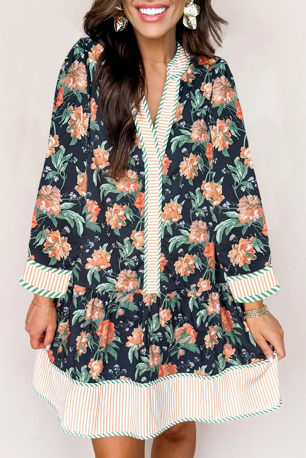 Blue Floral Print Striped Trim V Neck Long Sleeve Shift Mini Dress Ruffle Hem Dear-Lover Dropshipping