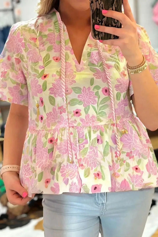 Printed Tie Neck Short Sleeve Blouse Simply Love