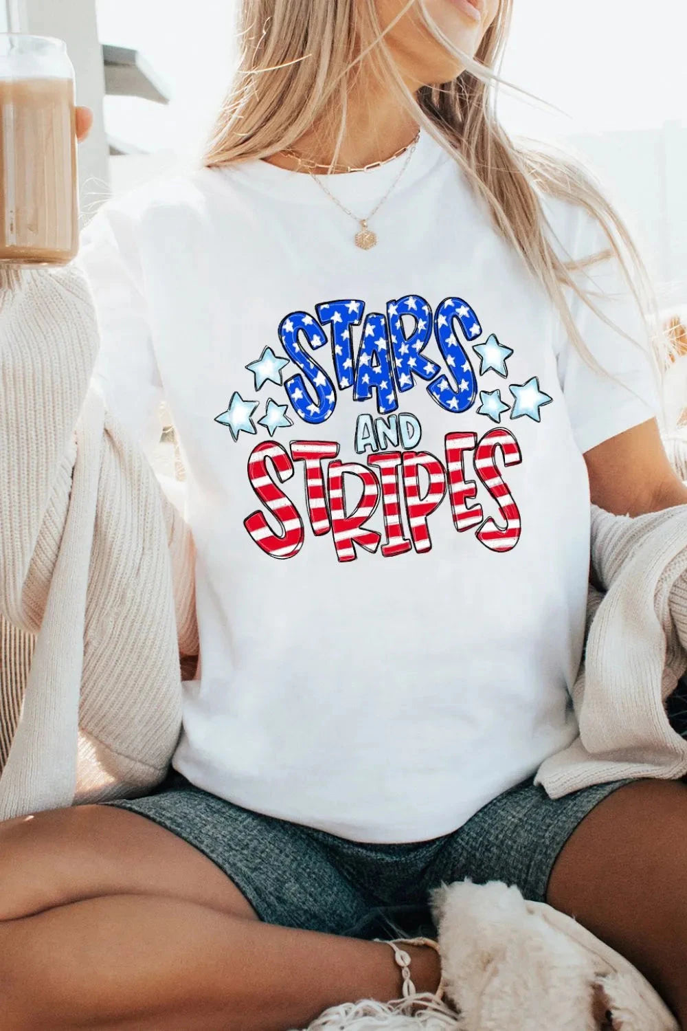 Stars and Stripes Round Neck Short Sleeve T Shirt Simply Love