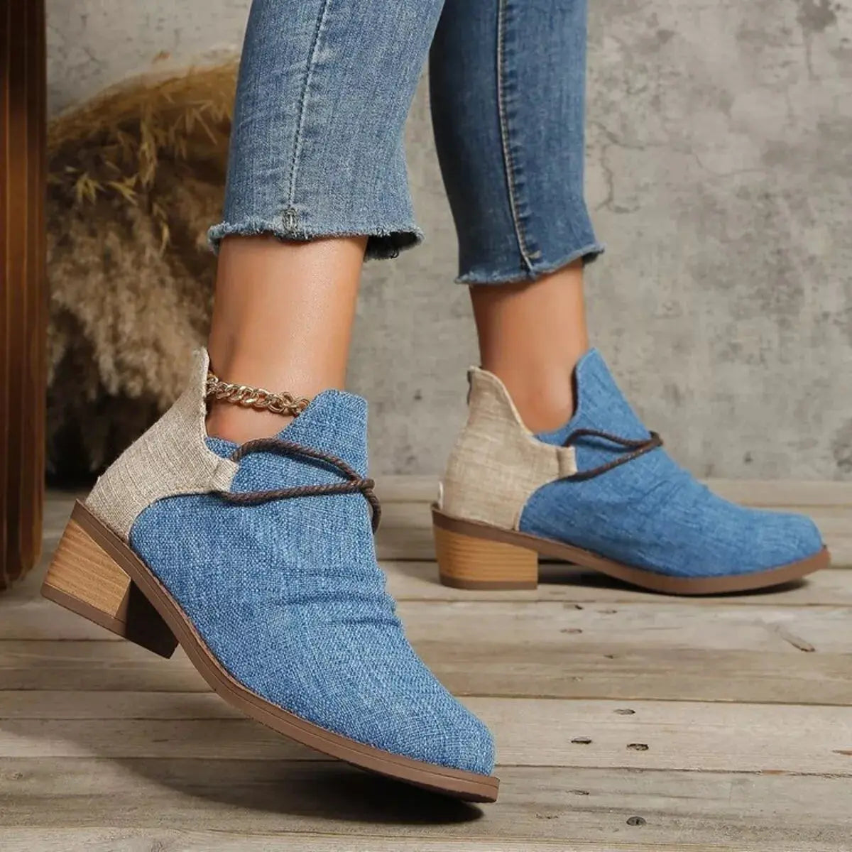 Two Tone Denim Block Heel Ankle Boots Beige Accent Simply Love
