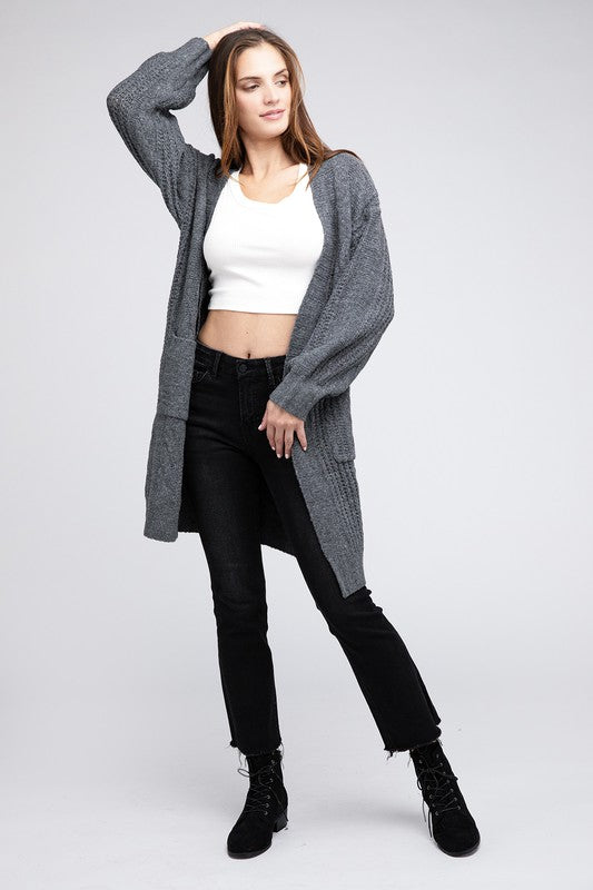 Twisted texture open front cardigan with pockets