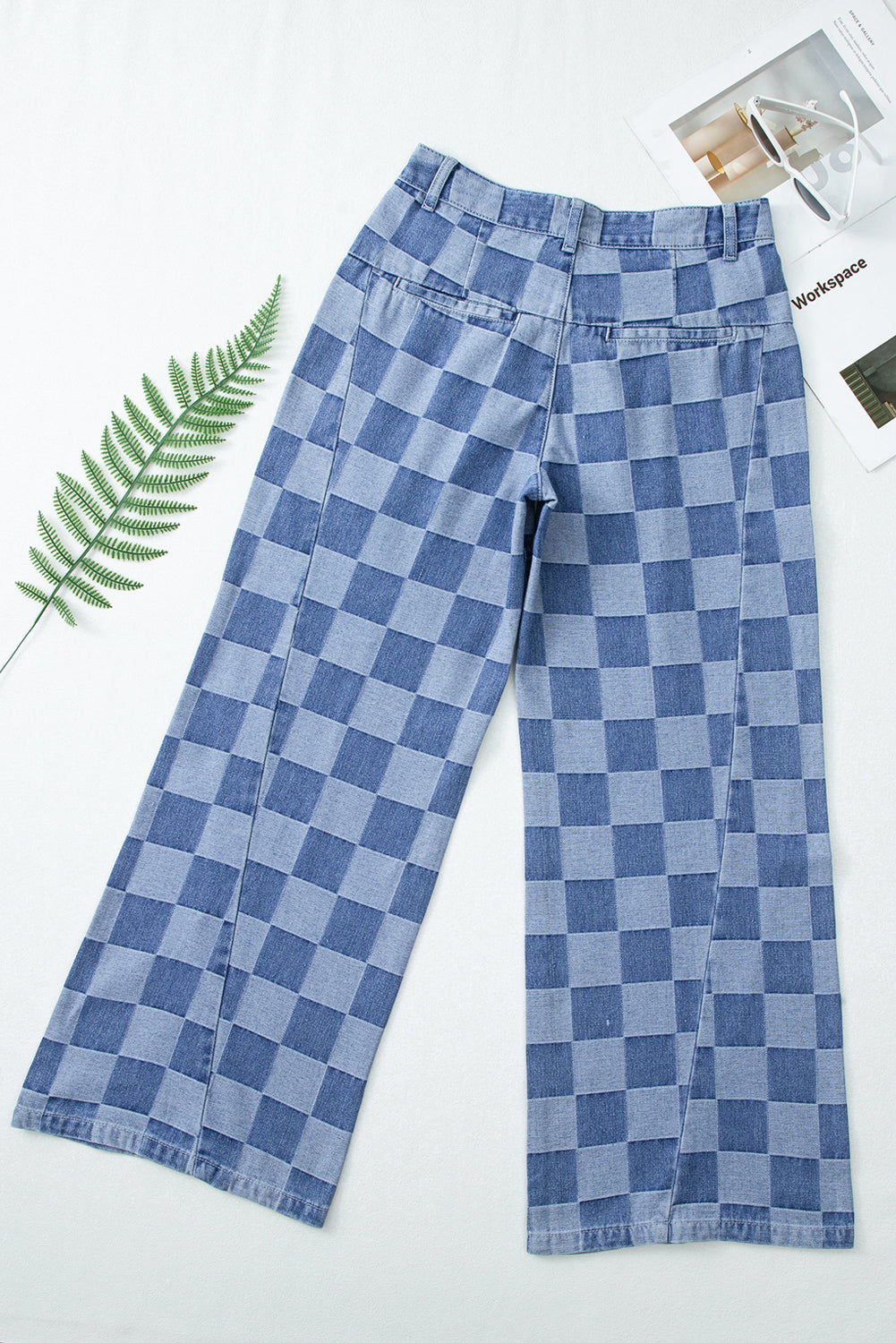 Dusk Blue Plaid Wide Leg Denim Trousers