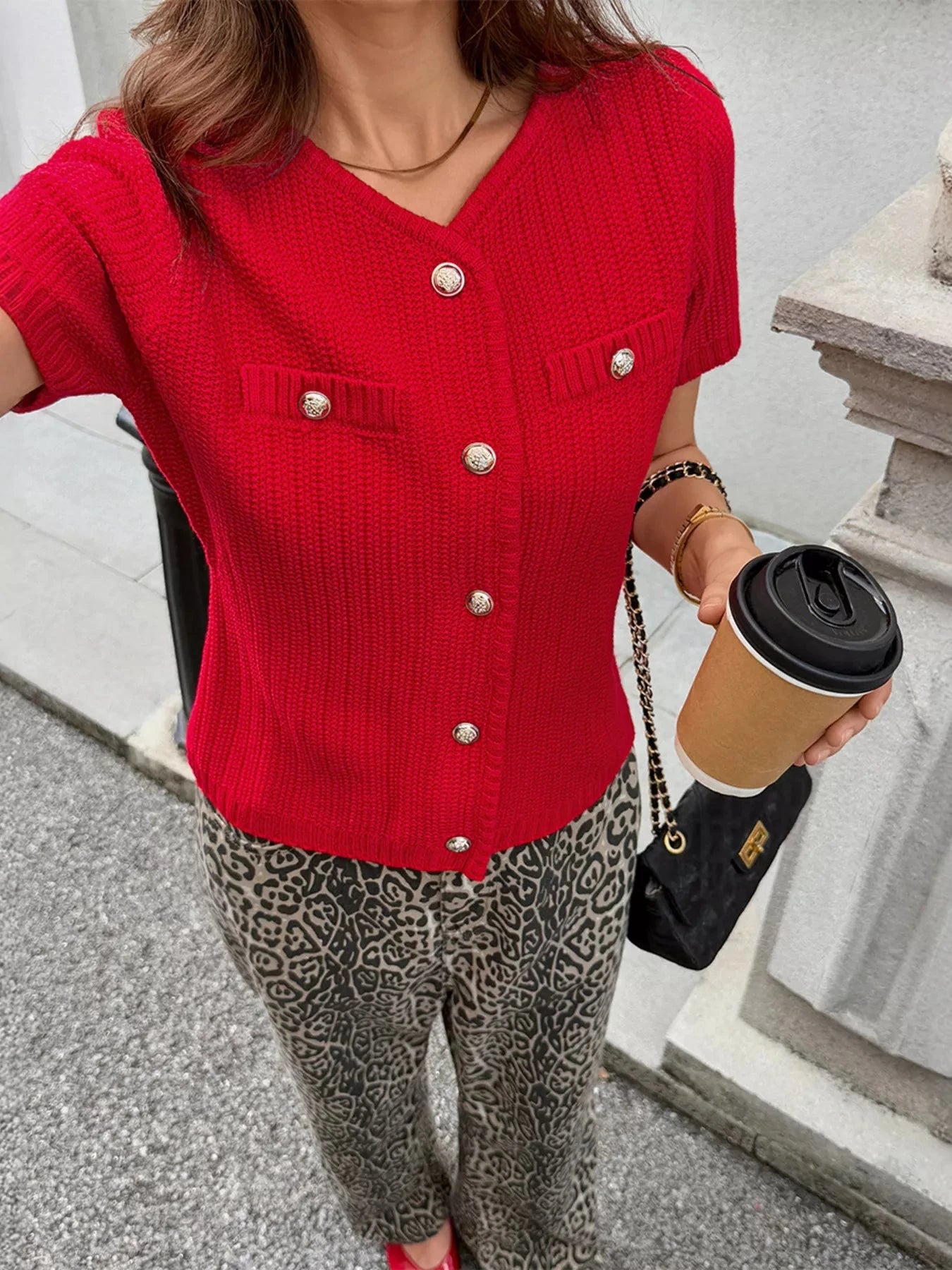 Button Down Short Sleeve Cardigan 95 Percent Acrylic 5 Percent Spandex Imported